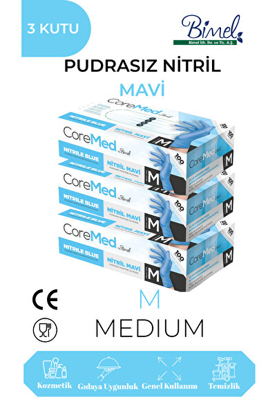 Bimel COREMED Nitril Mavi Muayene Eldiveni M - 3 Paket 100 lü