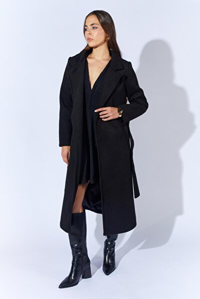 TENA Women's Black Collared Belted Basic Long Cashmere Coat