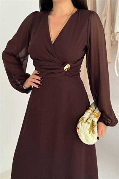 Dipmoda فستان شيفون ميدي بحزام خصر مطاطي للنساء DPK4329