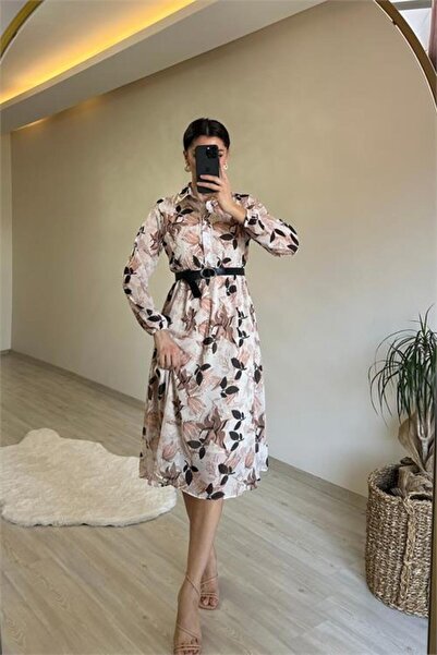 Dipmoda Γυναικείο φόρεμα Με φλοράλ μοτίβο Γιακάς πουκαμίσου Ζώνη τεμαχίων DPN...