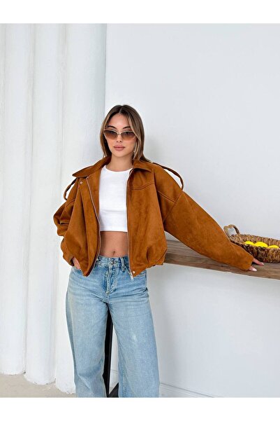 manana fashion Brown Suede Oversized Bomber Jacket with Epaulettes