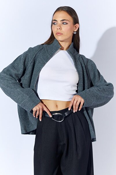 TENA Women's Anthracite Stand Collar Cardigan with External Zipper