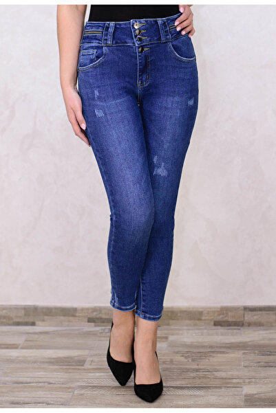 Elis Fashion Blugi de dama bleumarin skinny usor decolorati cu talie inalta