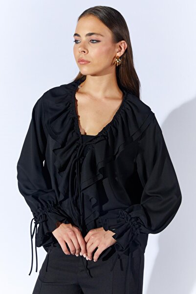 TENA Women's Black Tn023 Chiffon Blouse with Ruffles on the Front and Tie-Up Sleeves