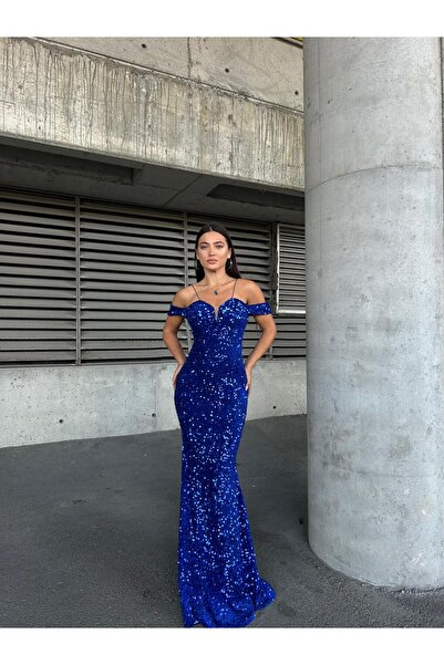 Modafeminen Trend Band Kol Kadife Balık Elbise Saks 583198