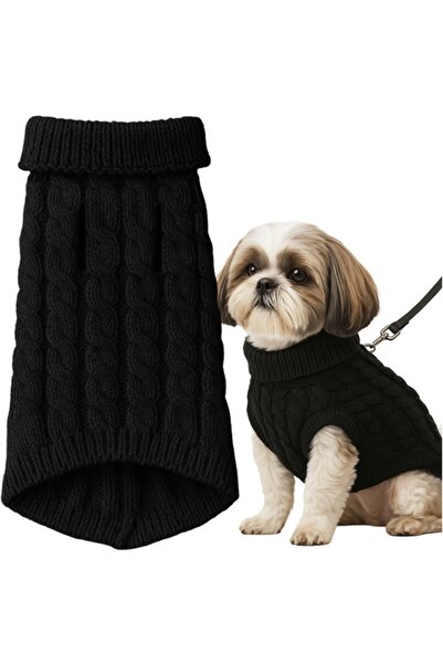 Purlov Pulover tricot negru L pentru caini si pisici – haina calduroasa, gaura pentru lesa, 36x18 cm