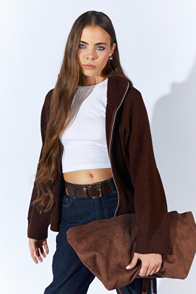 TENA Women's Brown Stand Collar Cardigan with External Zipper