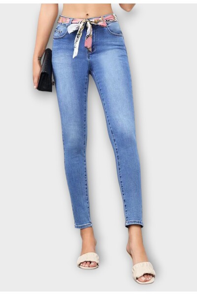 Elis Fashion Women's slightly faded blue skinny jeans with high waist and scarf