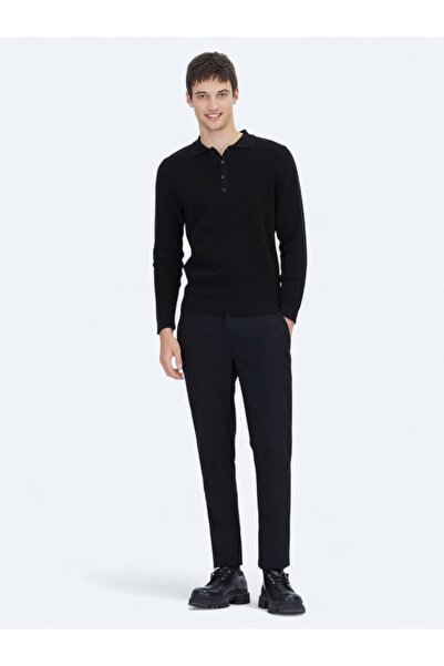 Kip Black Polo Neck Plain Knit Cotton Blend Sweater
