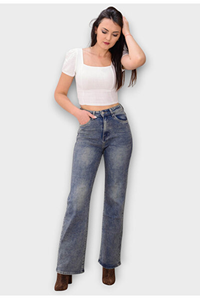 Elis Fashion Blugi de dama Albastri Wide Leg cu Talie Inalta Decolorati