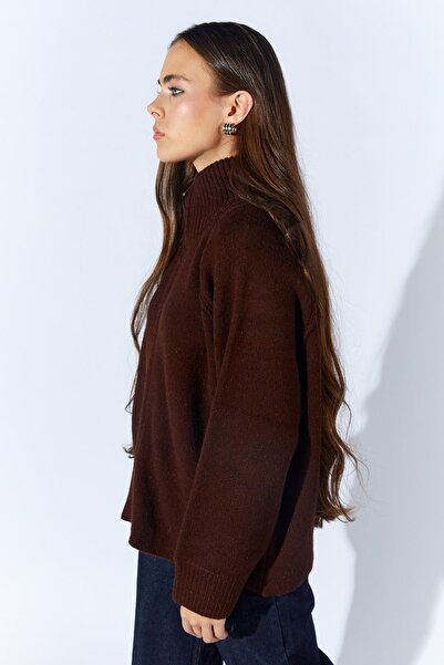 TENA Women's Brown Stand Collar Cardigan with External Zipper