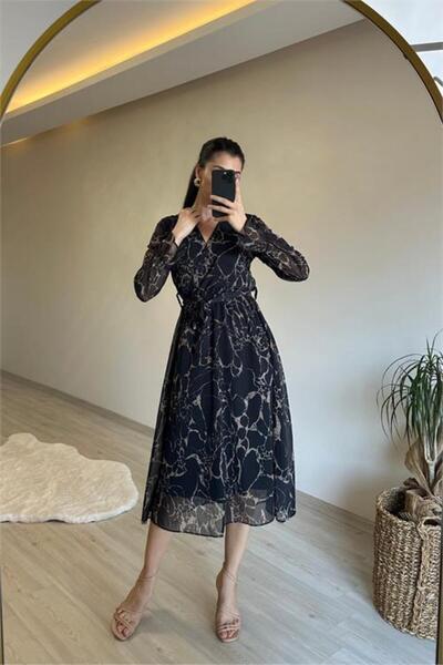 Dipmoda Γυναικείο φόρεμα με μαρμάρινο σχέδιο διπλό πέτο NM024