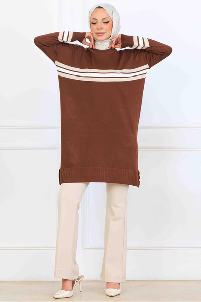 benguen Tunica mercerizata cu detaliu cu dungi K5020 Maro