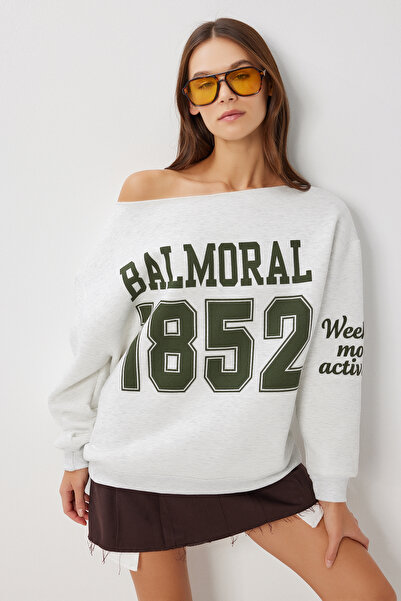 Lovelyİstanbul Açık Omuzlu Baskılı Şardonlu Örme Sweatshirt LUB0274 GRİ MELANJ