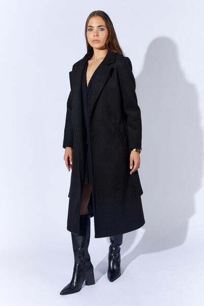 TENA Women's Black Collared Belted Basic Long Cashmere Coat