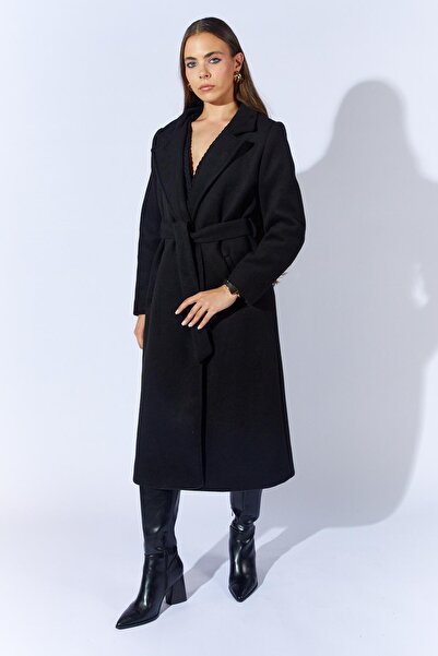 TENA Women's Black Collared Belted Basic Long Cashmere Coat
