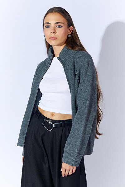 TENA Women's Anthracite Stand Collar Cardigan with External Zipper