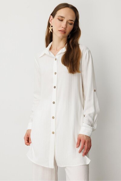 accort Düğme Detaylı Sim Çizgili Gömlek Tunik-KEMIK