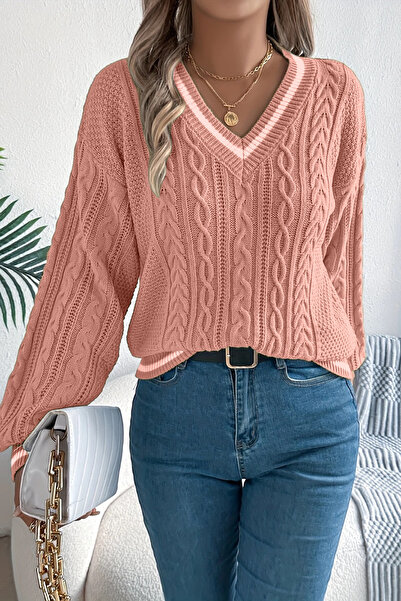 hanope Women's Striped V-Neck Knitted Patterned Sweater Powder