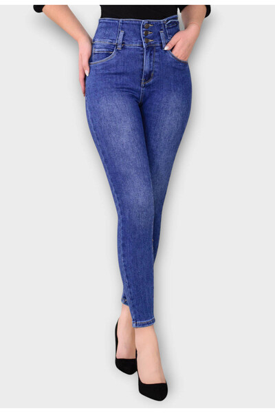 Elis Fashion Women's Blue Skinny Jeans with High Waist Corset Type