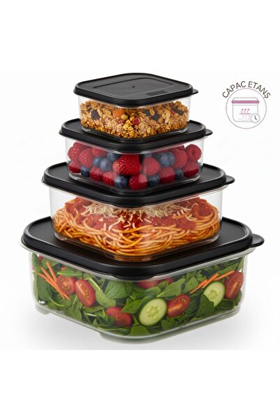 Köken Set of 4 food storage containers, with lid, BPA-free plastic, 0.2/0.53/1.1/2.2 L, Transparent/Black
