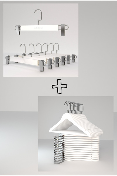 askı sarayı Beyaz Ahşap Elbise Ve Pantolon Askısı Seti , 6 + 6 Premium Özel S...