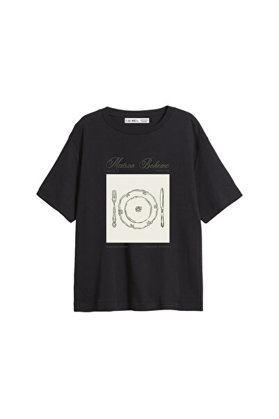 CİNEMA MODA Tricou negru pentru femei Maison Boheme cu imprimeu Relaxed Fit