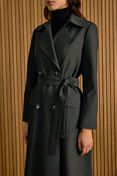 Aker Çizgili Seyyar Şallı Kruvaze Kapama Pardösü