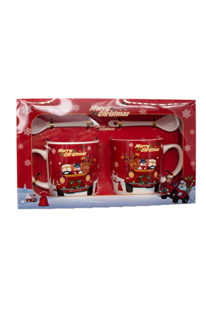 velve Set of two Christmas-themed ceramic mugs, with two ceramic spoons, in a gift box