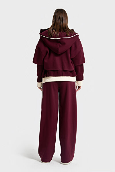 its basic Kadın Bordo Renk w5-35 Örme Kumaş Polar ve Eşofman Alt Üst 2'li Tasarım Takım