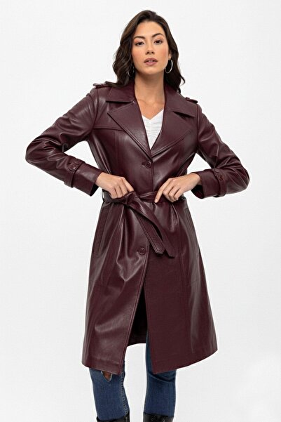 Deriderim Burgundy Cassie Slit Lined Belted Trench Coat Women's Genuine Leather Coat