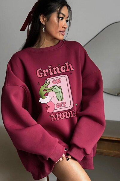 The Champ Clothing Γυναικείο φούτερ φόρεμα oversize Grinch Mode με στάμπα μπορντό – λαιμόκοψη, 3 κλωστές από ριγέ φλις
