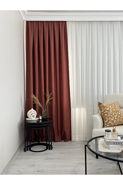 BNR HOME STORE Bnr Home Kiremit rengi 1/3 Kanun Boru Pileli Keten Fon Perde 1.kalite Tek Kanat