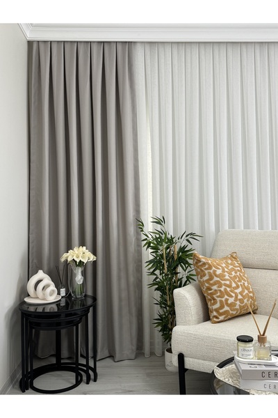 BNR HOME STORE Bnr Home Taş rengi 1/3 Kanun Boru Pileli Keten Fon Perde 1.kal...