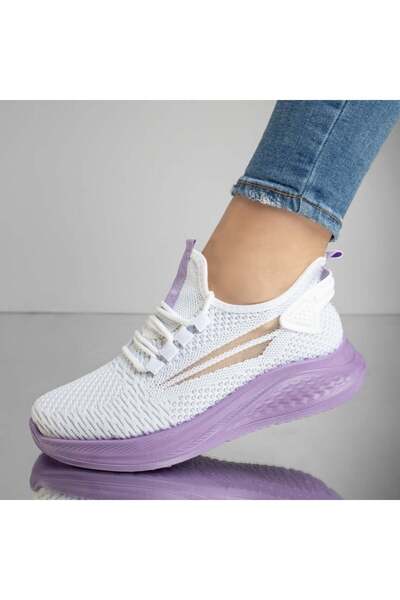 BMoD Pantofi sport cu șireturi din material textil pentru femei, albi și viol...