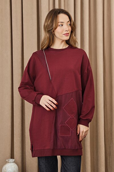 Puane Women's Zipper and Applique Detailed Tunic - 10734Tun - Burgundy