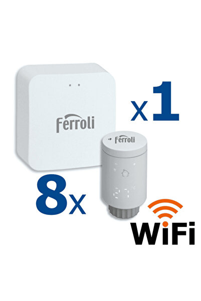 Ferroli Kit controler gateway si 8 capete termostat smart pentru calorifer Ferroli, Wi-Fi, control de la ...