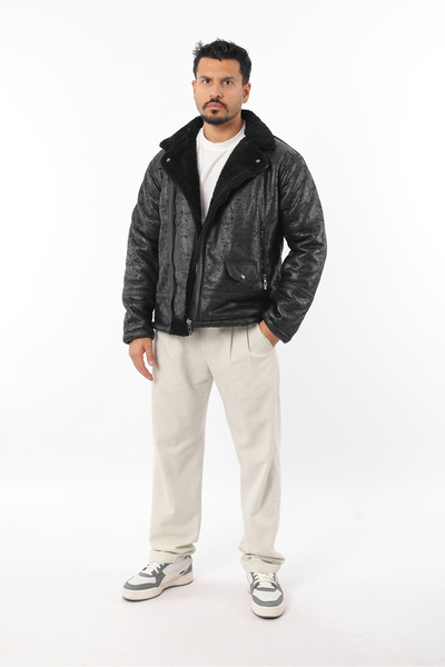 Rodrigo Чоловічий пуховик з хутром, вітрозахисний, з малюнком, на блискавці, з замші