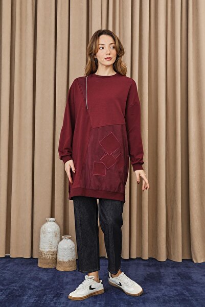Puane Women's Zipper and Applique Detailed Tunic - 10734Tun - Burgundy
