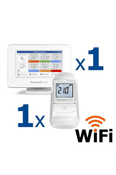 Honeywell Home Kit termostat de ambient si un cap termostat smart pentru calorifer Honeywell Home, Wi-Fi, contro...