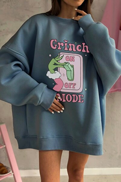 The Champ Clothing Női túlméretezett pulóverruha Grinch Mode nyomott mintás tengeri – Crew nyakú, 3 szálas, bordázott polár