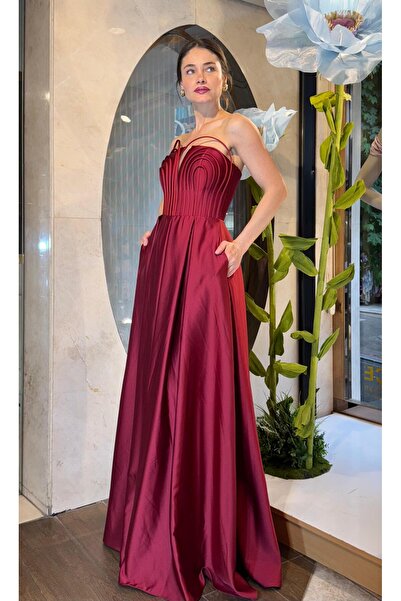 SpringStore Bordo Balen Yaka Uzun Abiye