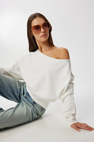 Lovelyİstanbul Açık Omuzlu Örme Sweatshirt LEN0044 EKRU