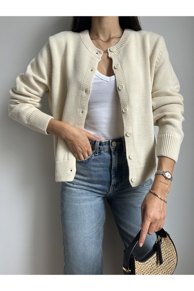 LOTUS CITY Beige Crew Neck Buttoned Knit Cardigan