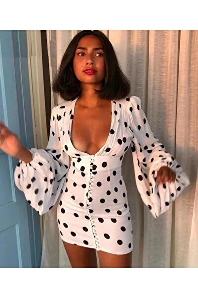 pink life Λευκό μακρυμάνικο μίνι φόρεμα από μικρούχρηστο ύφασμα πουά