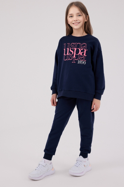 U.S. Polo Assn. Girl's Navy Blue Tracksuit Set – Uspa 1890 Printed Cotton Casual Sports Model