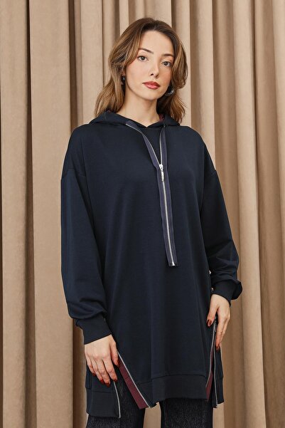 Puane Kadın Fermuar Detaylı Tunik - 10731TUN - NAVY-BURGUNDY