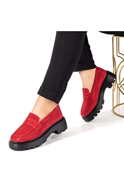 BMoD Women's red suede chunky-soled leather loafers MOD09889