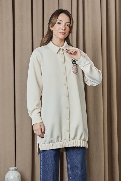 Puane Дамска туника с бродерия с ананас и копчета - 10737TUN - STONE