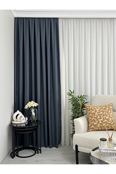 BNR HOME STORE Bnr Home İndigo rengi 1/3 Kanun Boru Pileli Keten Fon Perde 1....